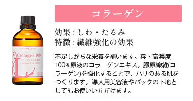 コラーゲン
効果 : しわ・たるみ
特徴 : 繊維強化の効果
不足しがちな栄養を補います。粋・高濃度100%原液のコラーゲンエキス。膠原線維(コラーゲン)を強化することで、ハリのある肌をつくります。導入用美容液やパックの下地としてもお使いいただけます。
