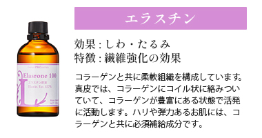 エラスチン
効果 : しわ・たるみ
特徴 : 繊維強化の効果
コラーゲンと共に柔軟組織を構成しています。真皮では、コラーゲンにコイル状に絡みついていて、コラーゲンが豊富にある状態で活発に活動します。ハリや弾力あるお肌には、コラーゲンと共に必須補給成分です。